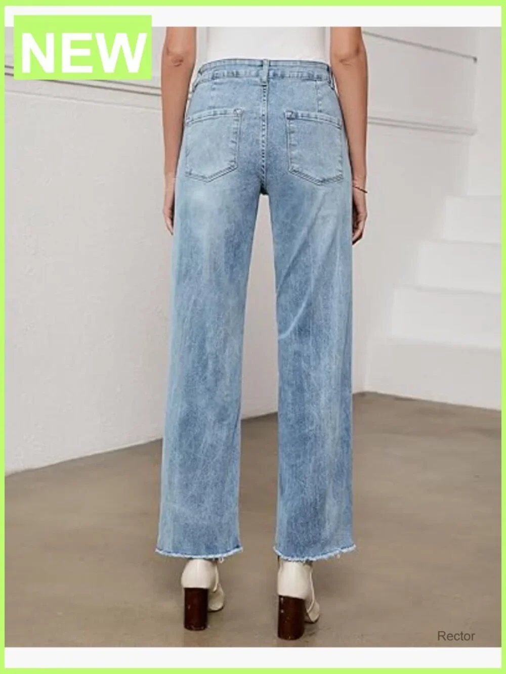 High Waisted Straight Leg Jeans Stretchy Frayed Hem Casual Denim Pants - Picture 3 of 7